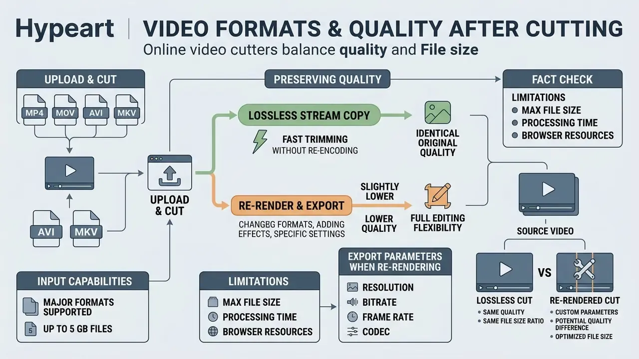 Infographic comparing lossless stream copying and re-rendering for video processing and export parameters
