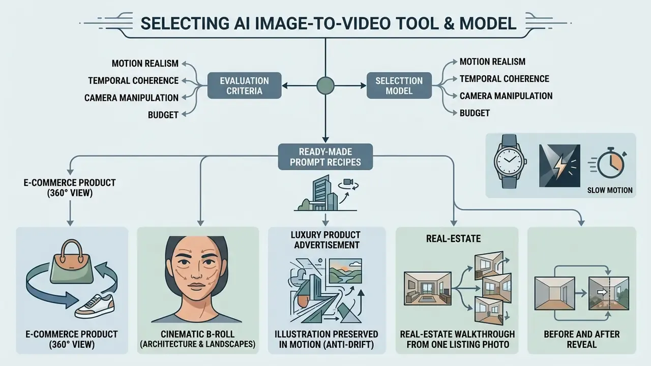 Decision tree infographic outlining criteria and prompt recipes for choosing an AI image to video tool