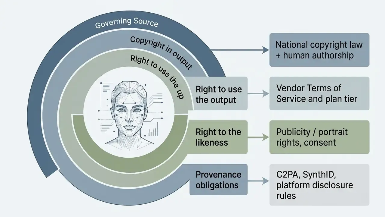 Concentric circular diagram showing legal layers for image rights with a central facial wireframe model