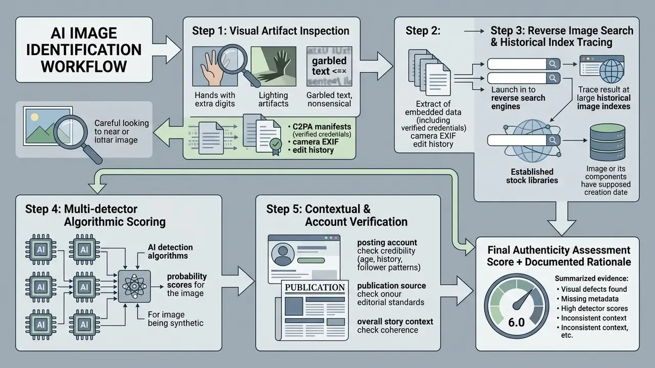 Step by step workflow for how to identify AI generated images using visual, technical, and contextual checks