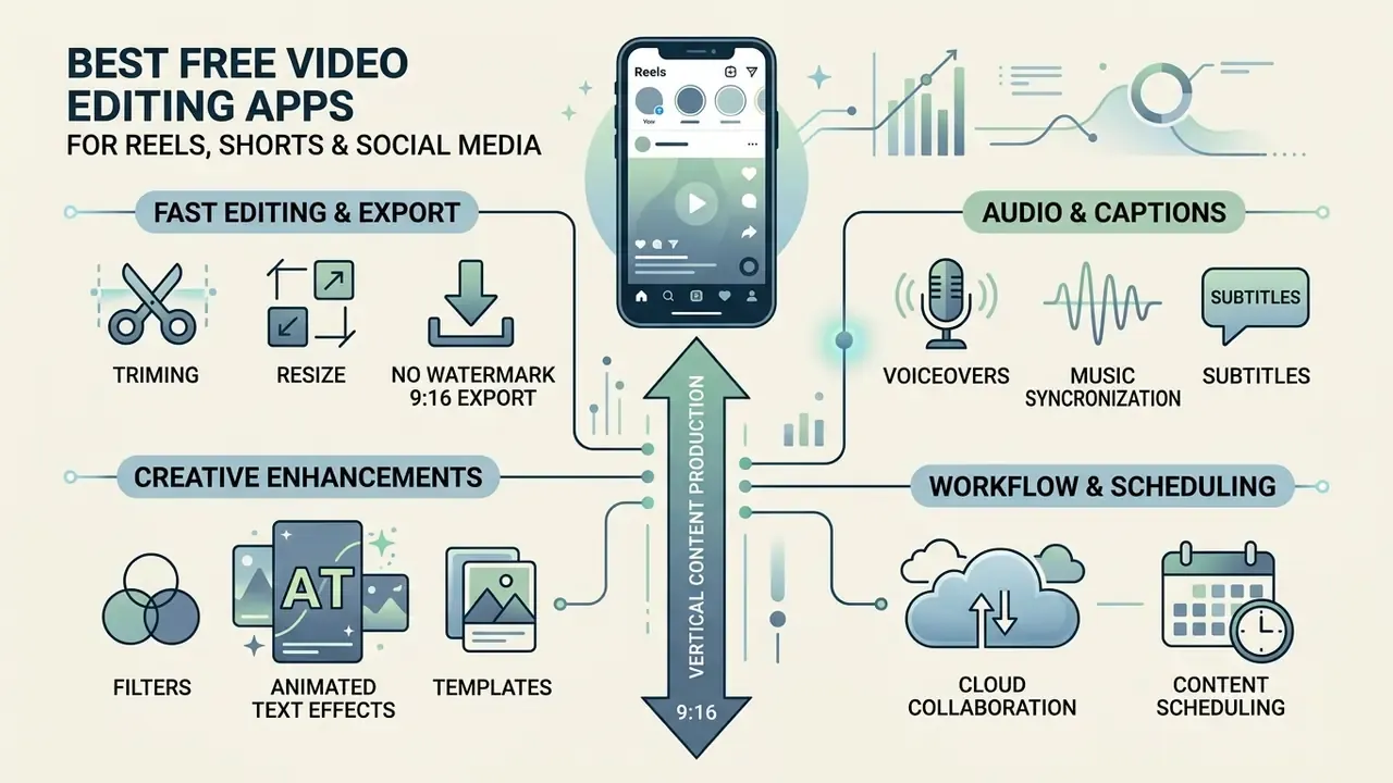 Infographic showing essential features for vertical video creation like editing, effects, and scheduling