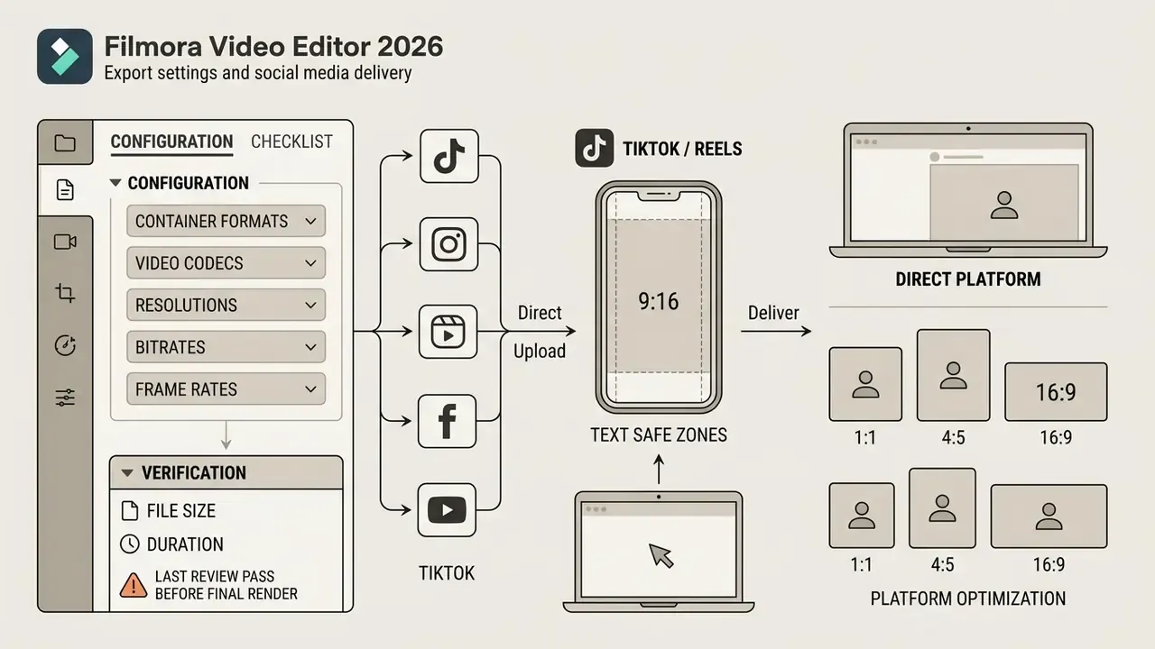 Configuration panel for video export settings, social media platform delivery, and aspect ratio optimization