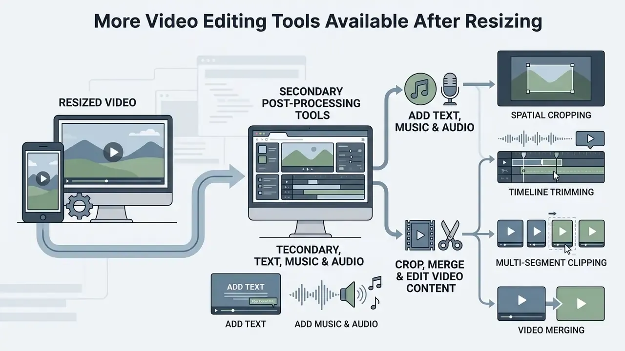 Diagram showing secondary video editing options like cropping, trimming, and adding audio after resizing