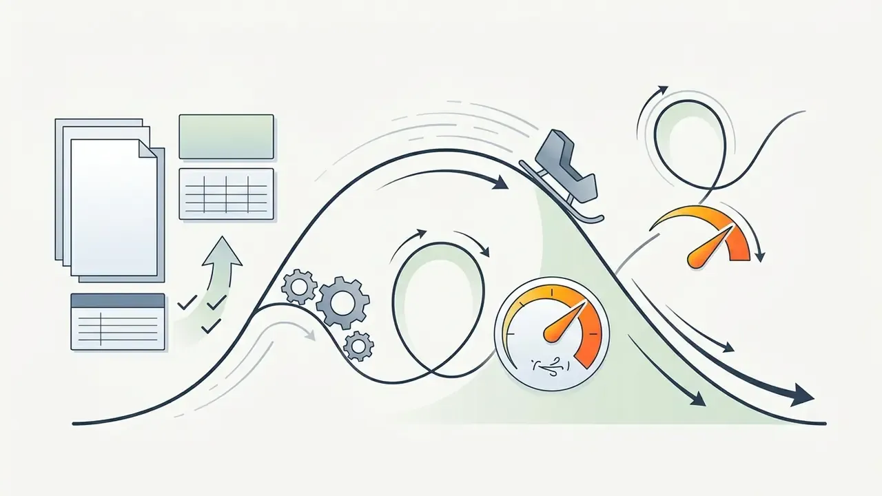 Sled moving along a curved path with gears and speed gauges illustrating physics and motion principles