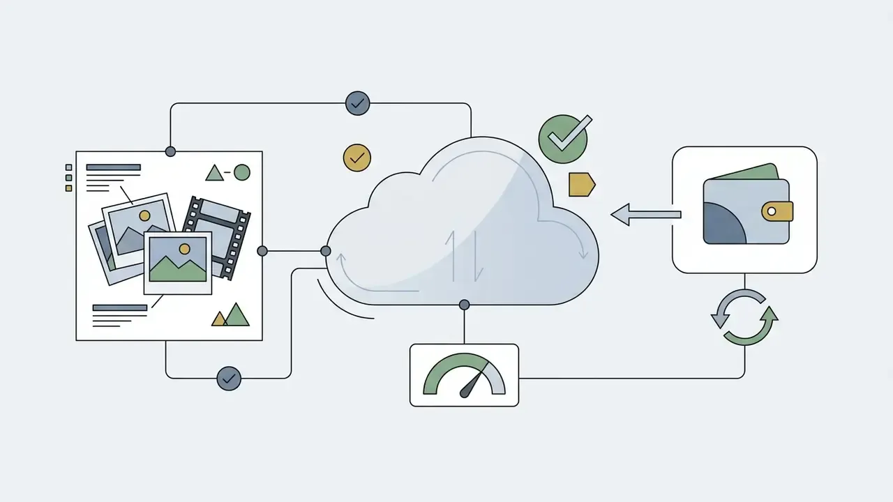 Photos and film strips connecting to a cloud storage icon with a wallet and speed gauge for Mac backups