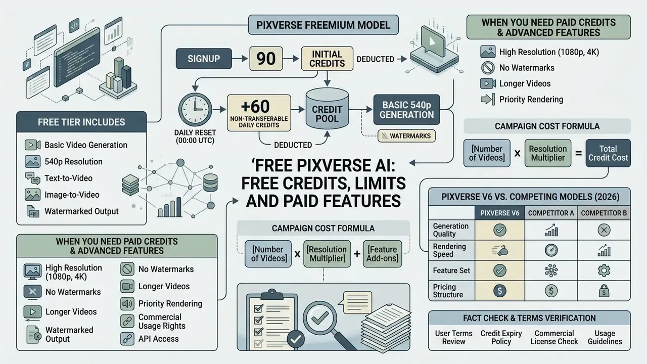 Infographic explaining the PixVerse AI credit system, cost formulas, and feature comparisons