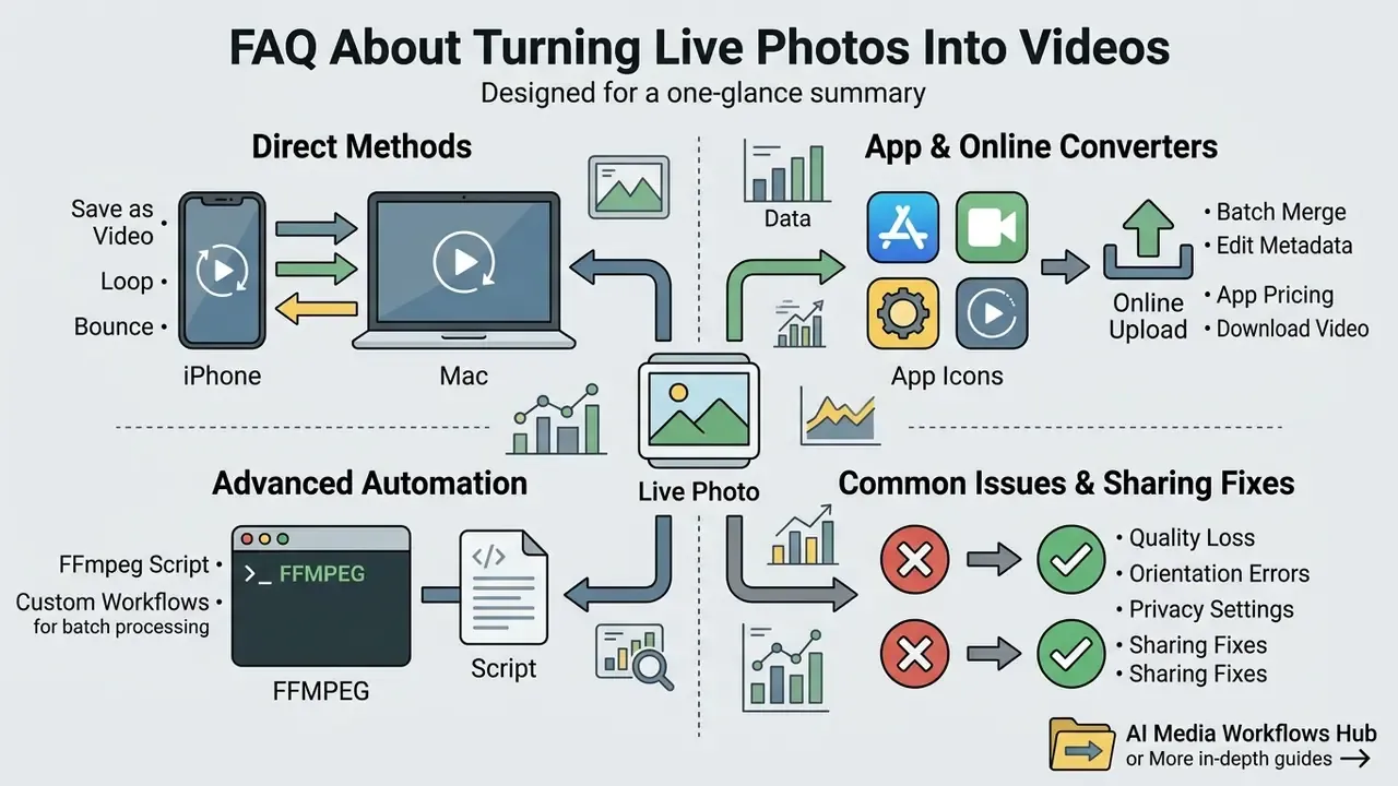 Summary of methods to turn a live photo into a video including direct, automated, and converter workflows