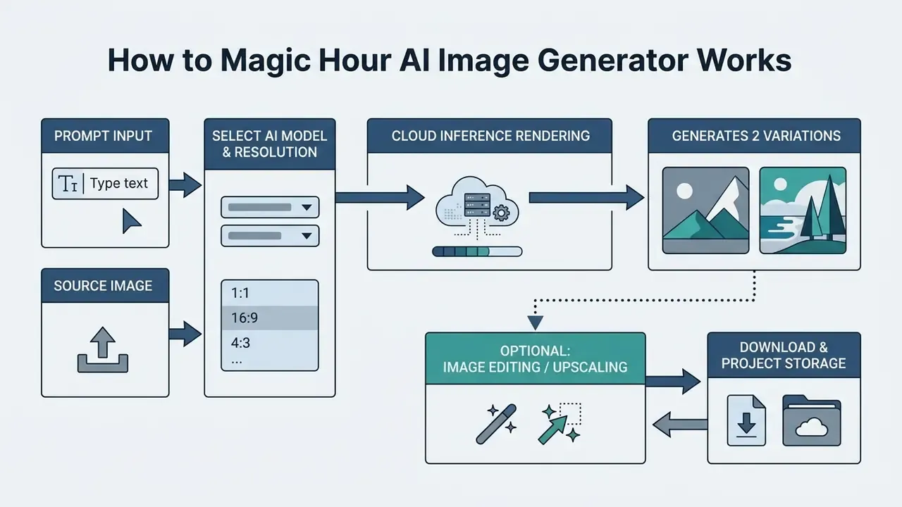 Step-by-step flowchart showing the Magic Hour AI image generator process from prompt to final download