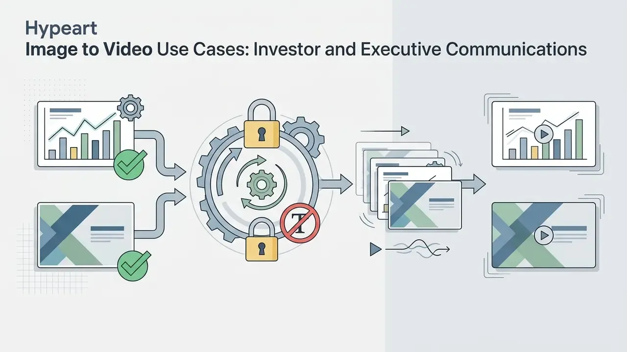 Workflow showing secure chart and slide inputs processed through a locked gear system into animated videos