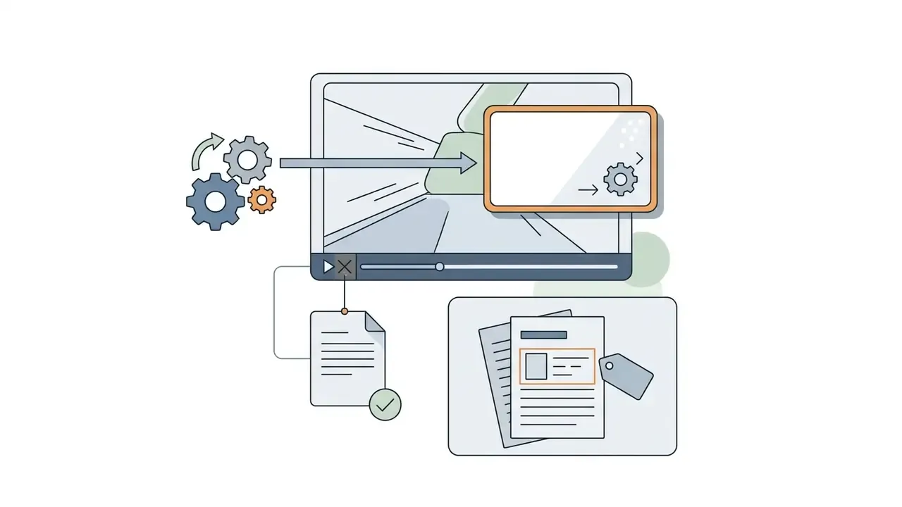 Video player interface showing a gear mechanism and a document with a checkmark for disclosure