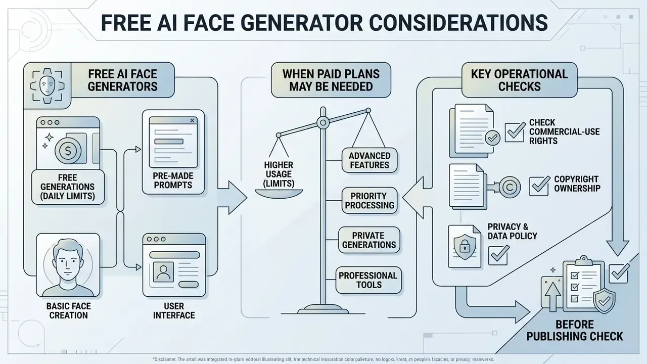 Flowchart showing free tool features, paid plan requirements, and essential commercial and legal checks