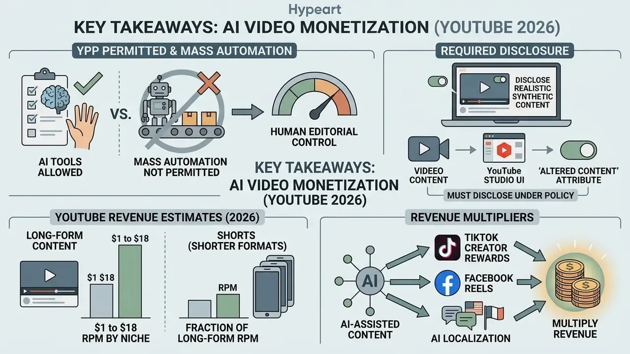 Infographic detailing YouTube monetization policies for AI content, revenue estimates, and cross-platform use