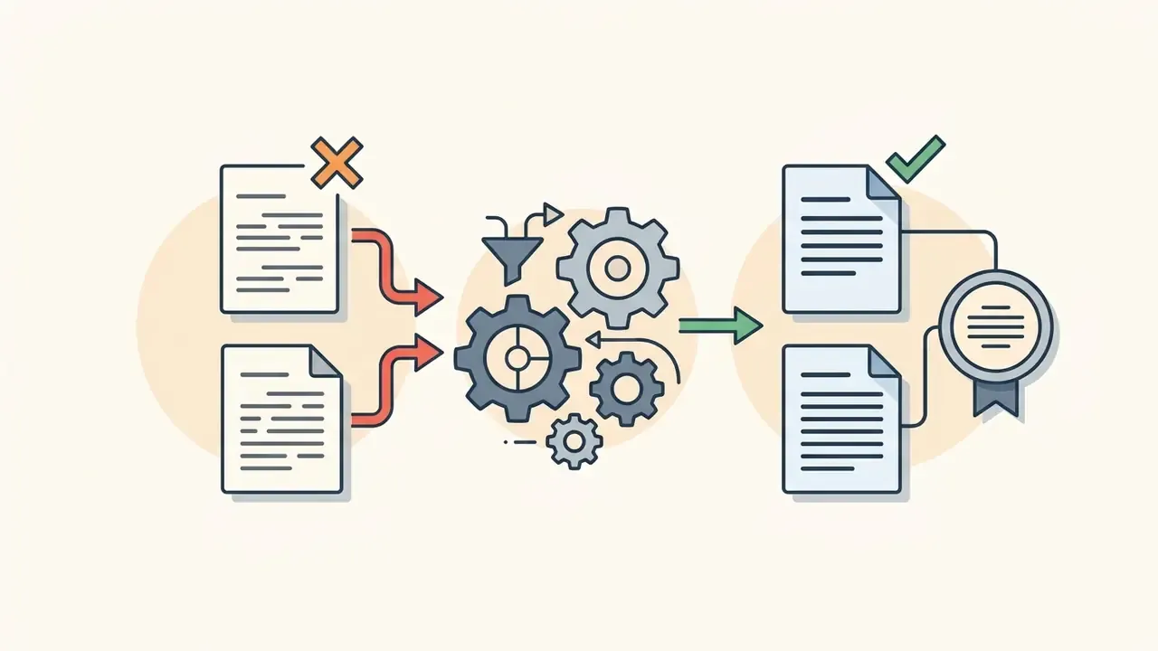 Documents being filtered through gears and processed into verified files with a certification seal