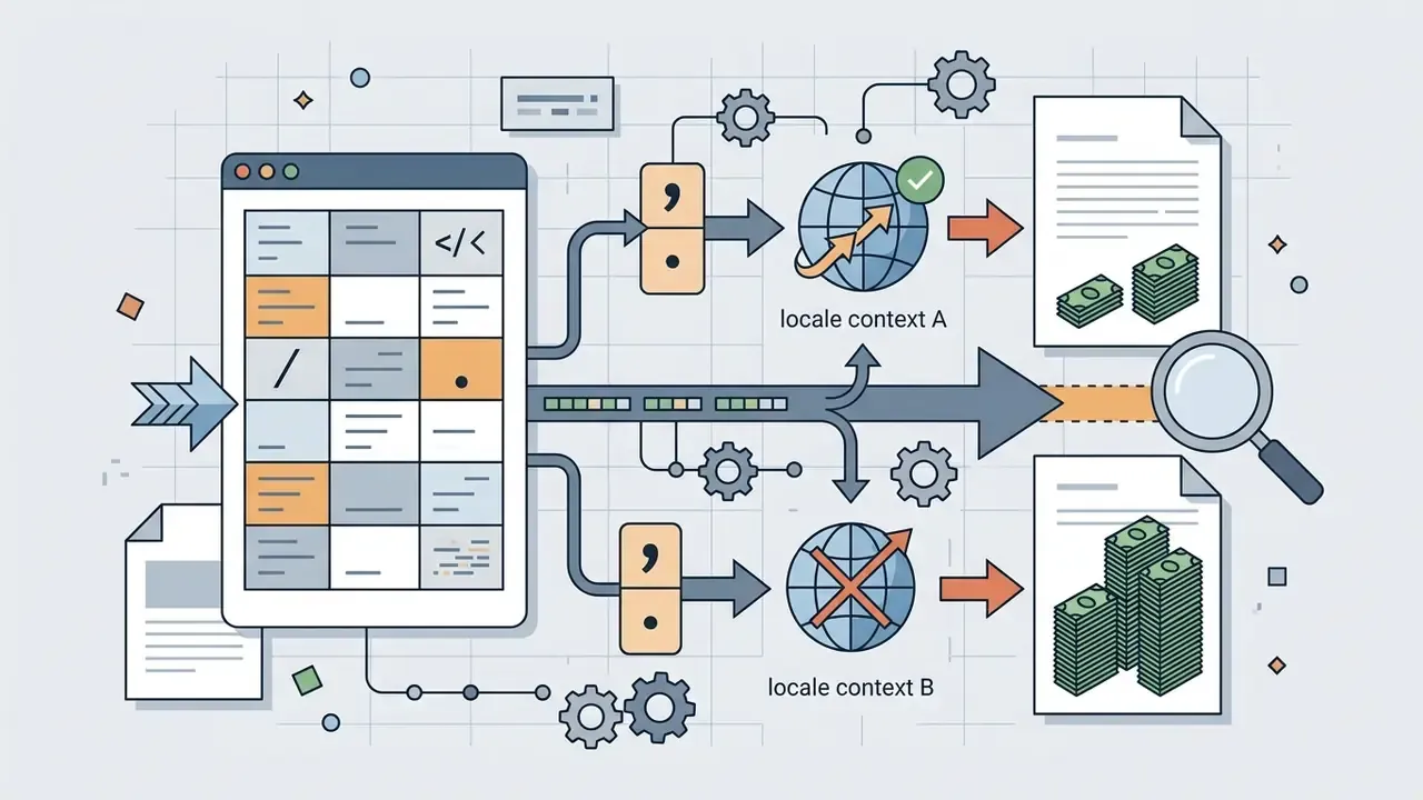 Code interface branching into locale-specific separators to process financial documents and currency values