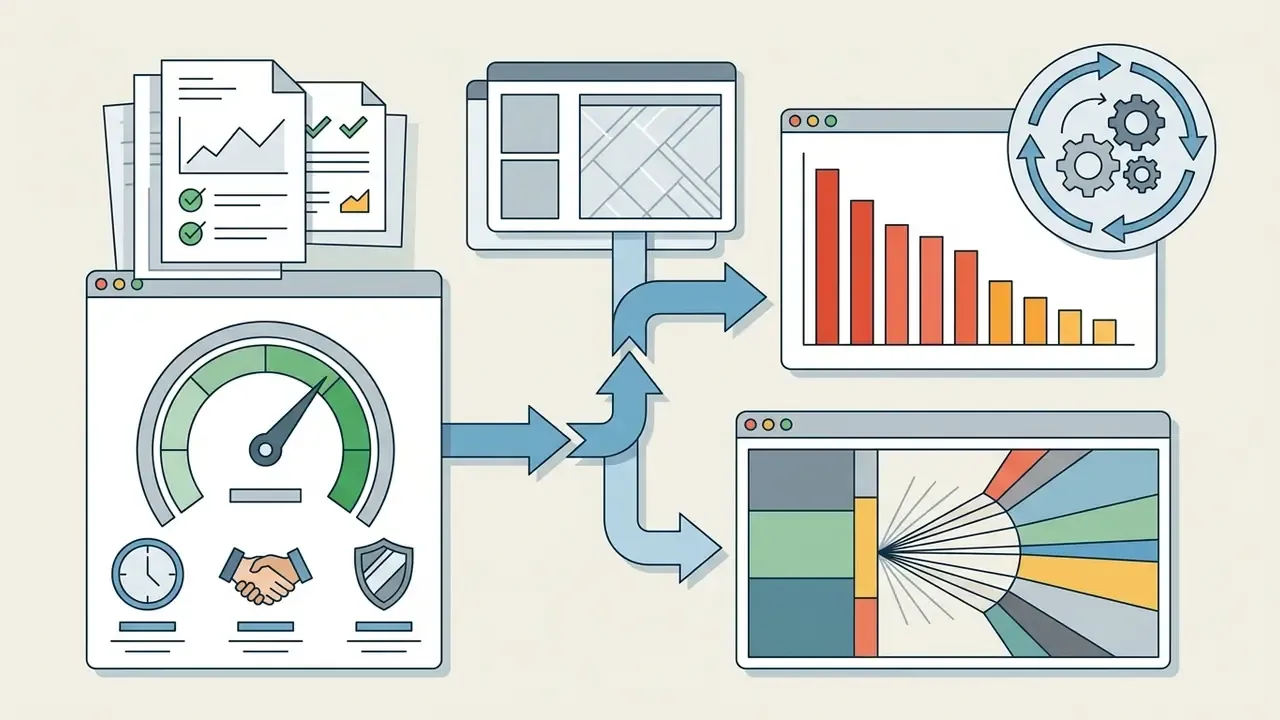 Business documents and a speedometer gauge feeding into a workflow that produces bar and fan charts