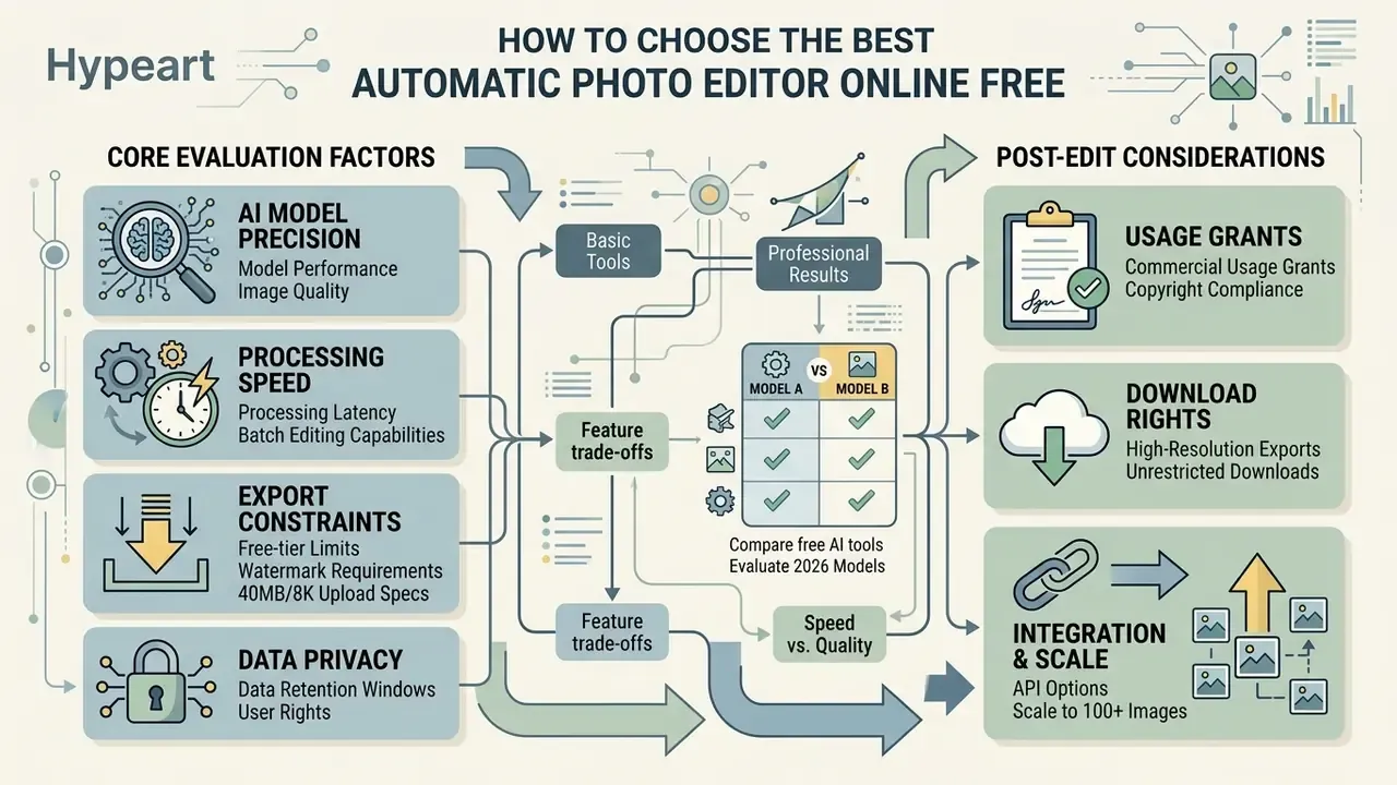Diagram mapping evaluation factors for an automatic photo editor online free including privacy and usage