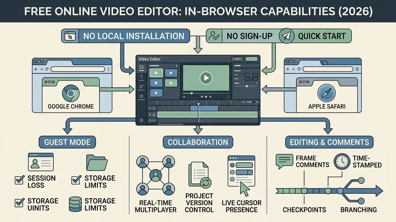 Flowchart detailing features of a browser based video editor including collaboration and guest mode