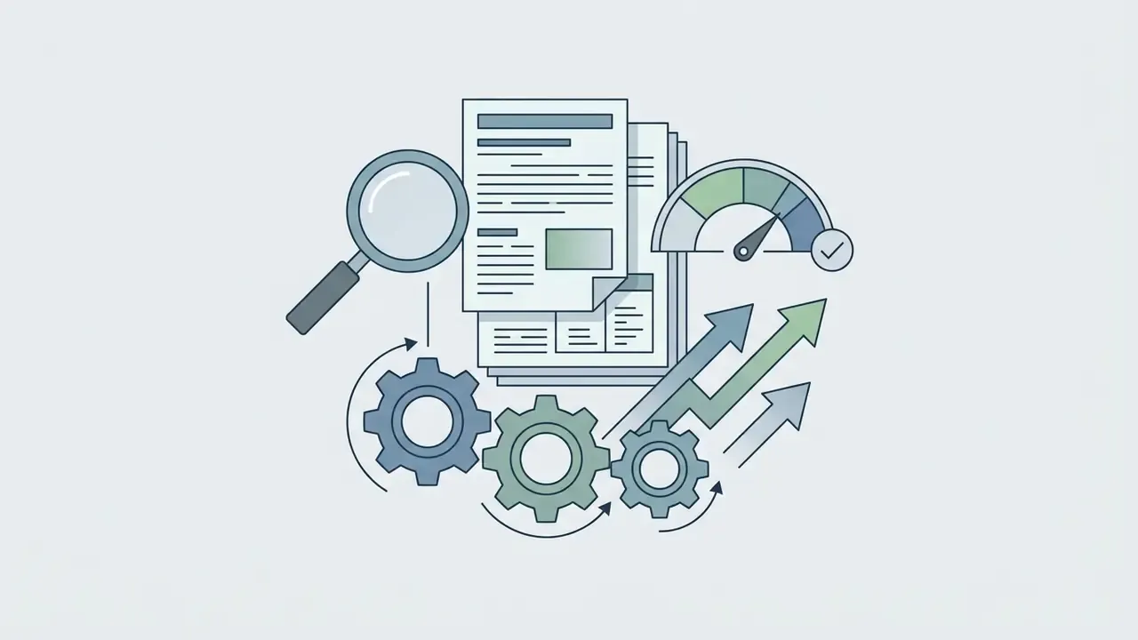Magnifying glass examining documents with rotating gears and an upward trending gauge