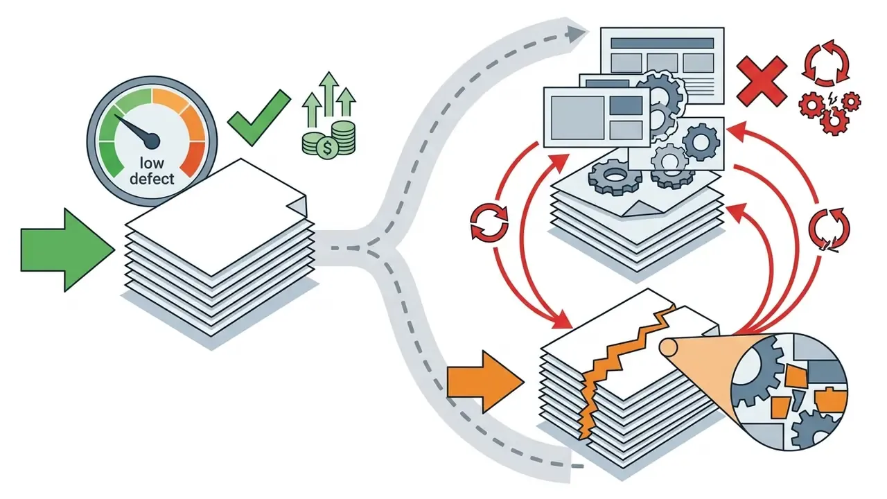 Comparison of low defect document workflows versus high defect cycles with cascading structural repairs