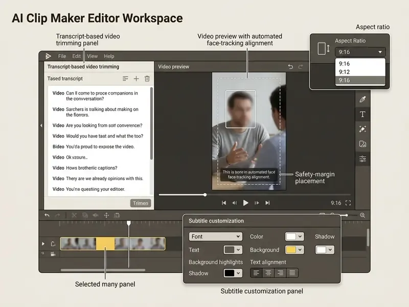 Annotated interface showing transcript trimming, subtitle styling, and vertical aspect ratio controls
