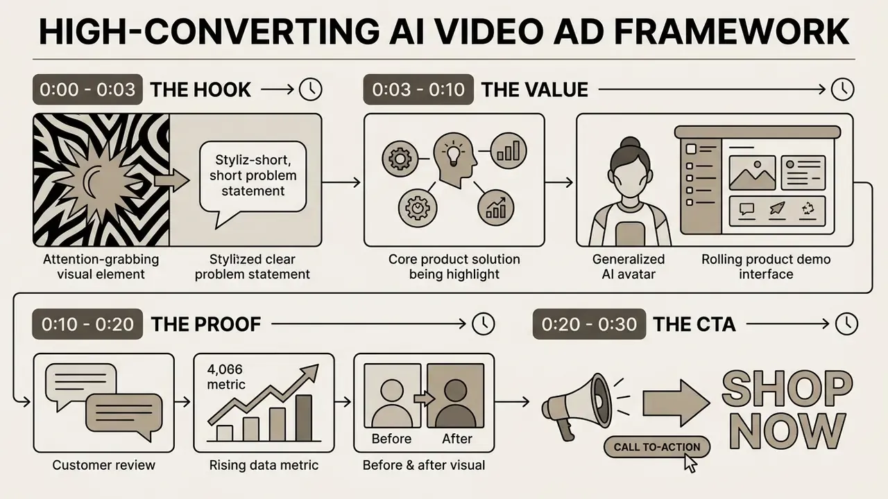 Timeline graphic breaking down the four stages of a video ad from the hook to the final call to action