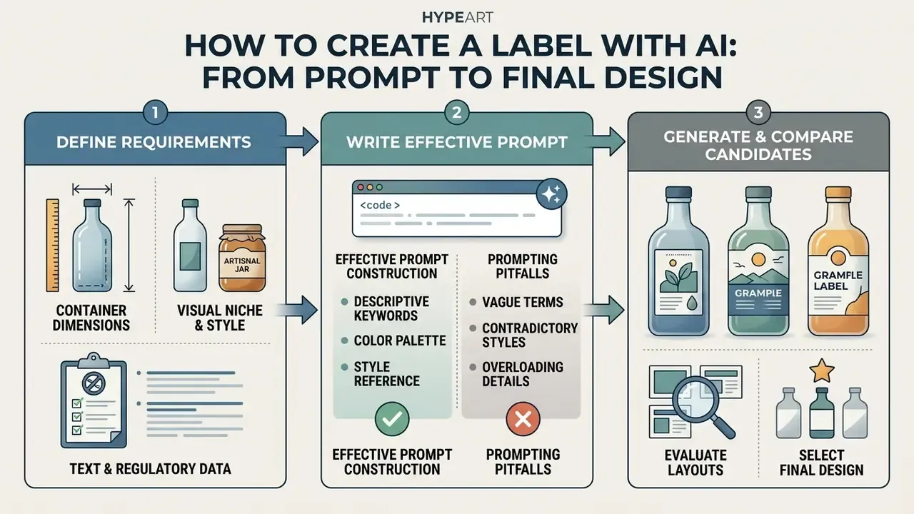 Three-step flowchart outlining the process of defining requirements, writing prompts, and selecting designs