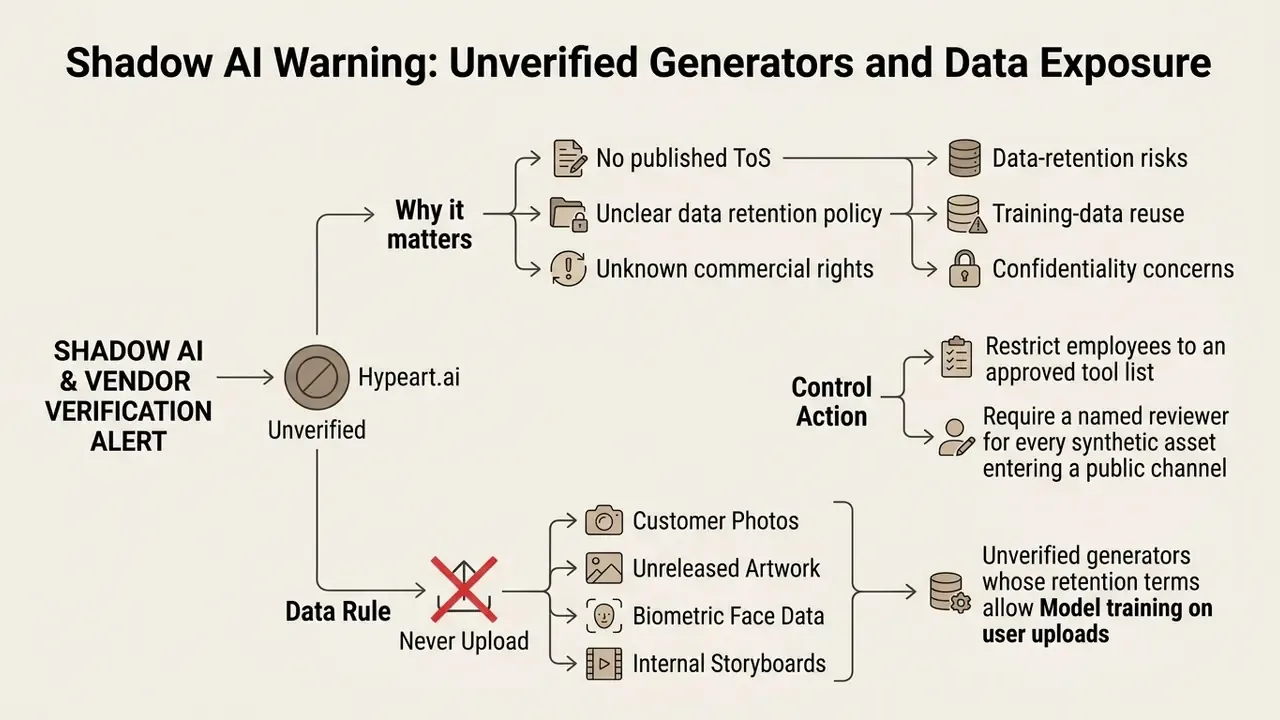 Flowchart outlining risks and control actions regarding the use of unverified synthetic media platforms