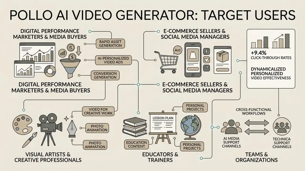 Infographic mapping professional user groups to specific video generation use cases and support workflows