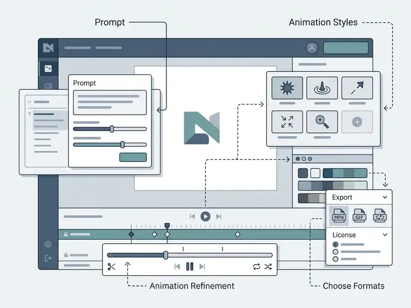 Annotated interface showing prompt input, animation style selection, timeline controls, and export options