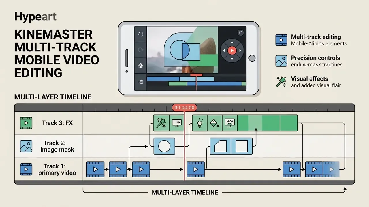 Mobile screen showing a multi-layer timeline with primary video, image masks, and visual effects tracks