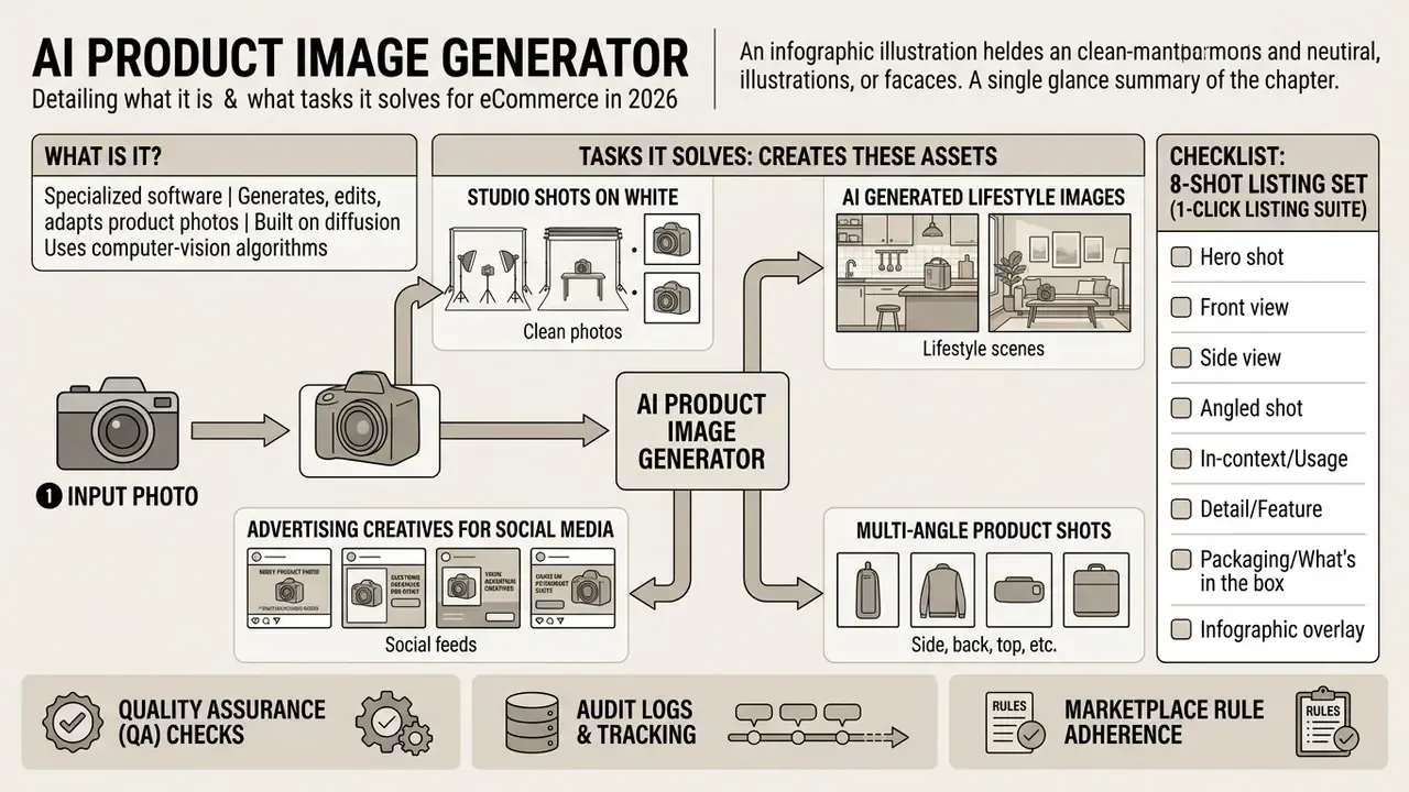 Diagram showing how an AI product image generator transforms input photos into various marketing assets