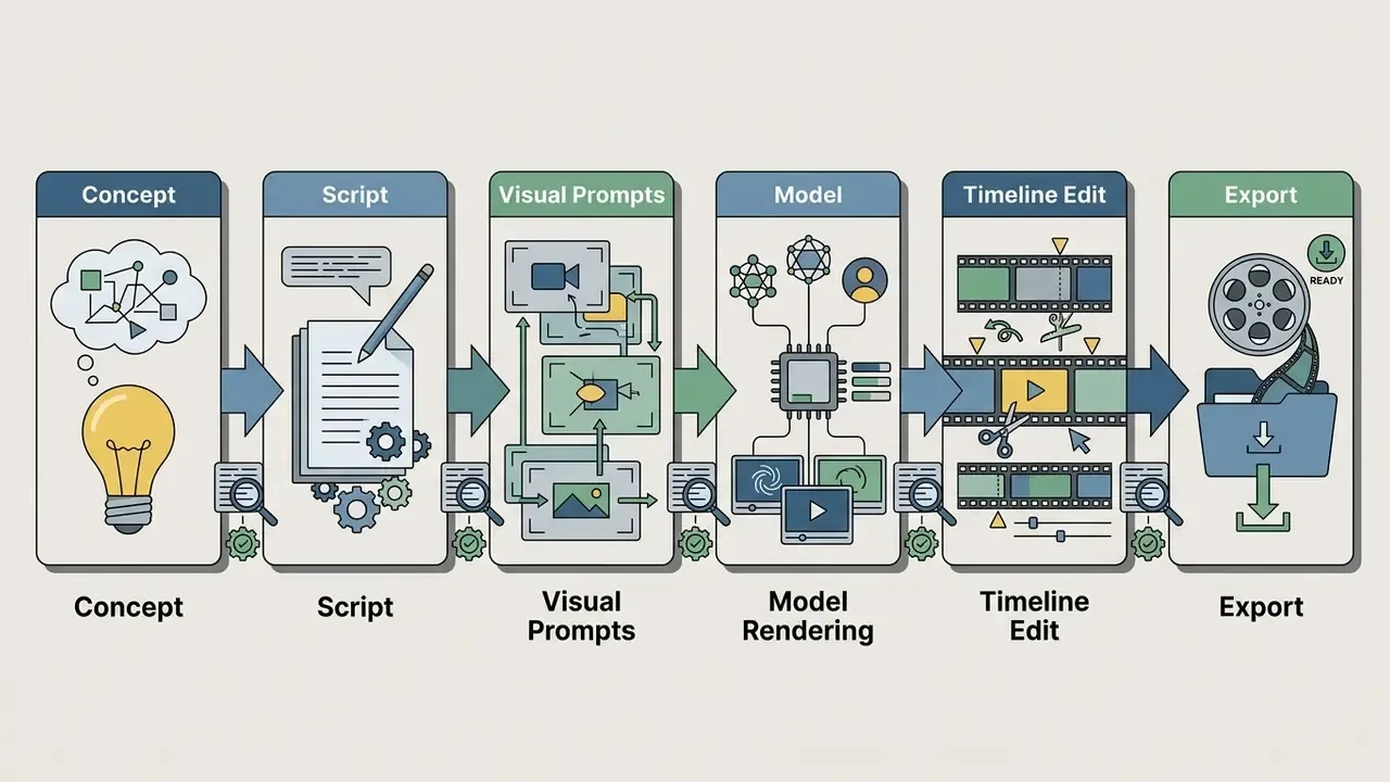 Six sequential stages showing the video production lifecycle from conceptualization to final export