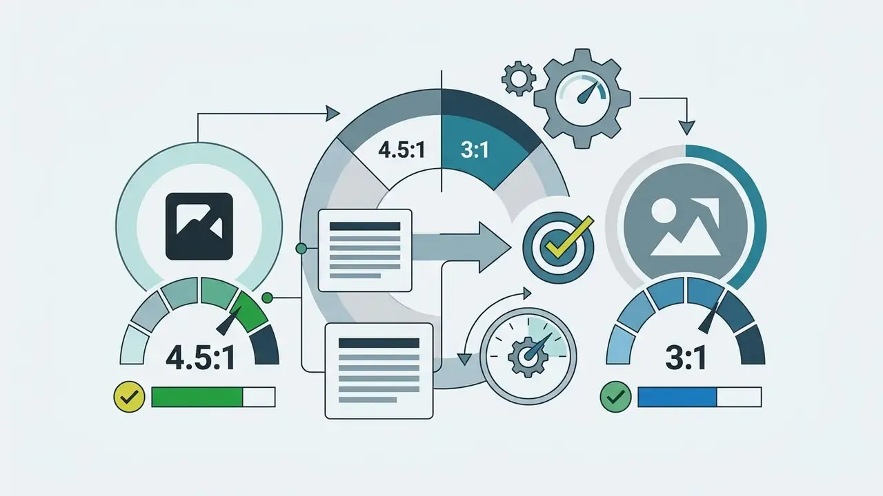 Contrast ratio gauges with checkmarks and gear icons indicating accessibility compliance for visual assets