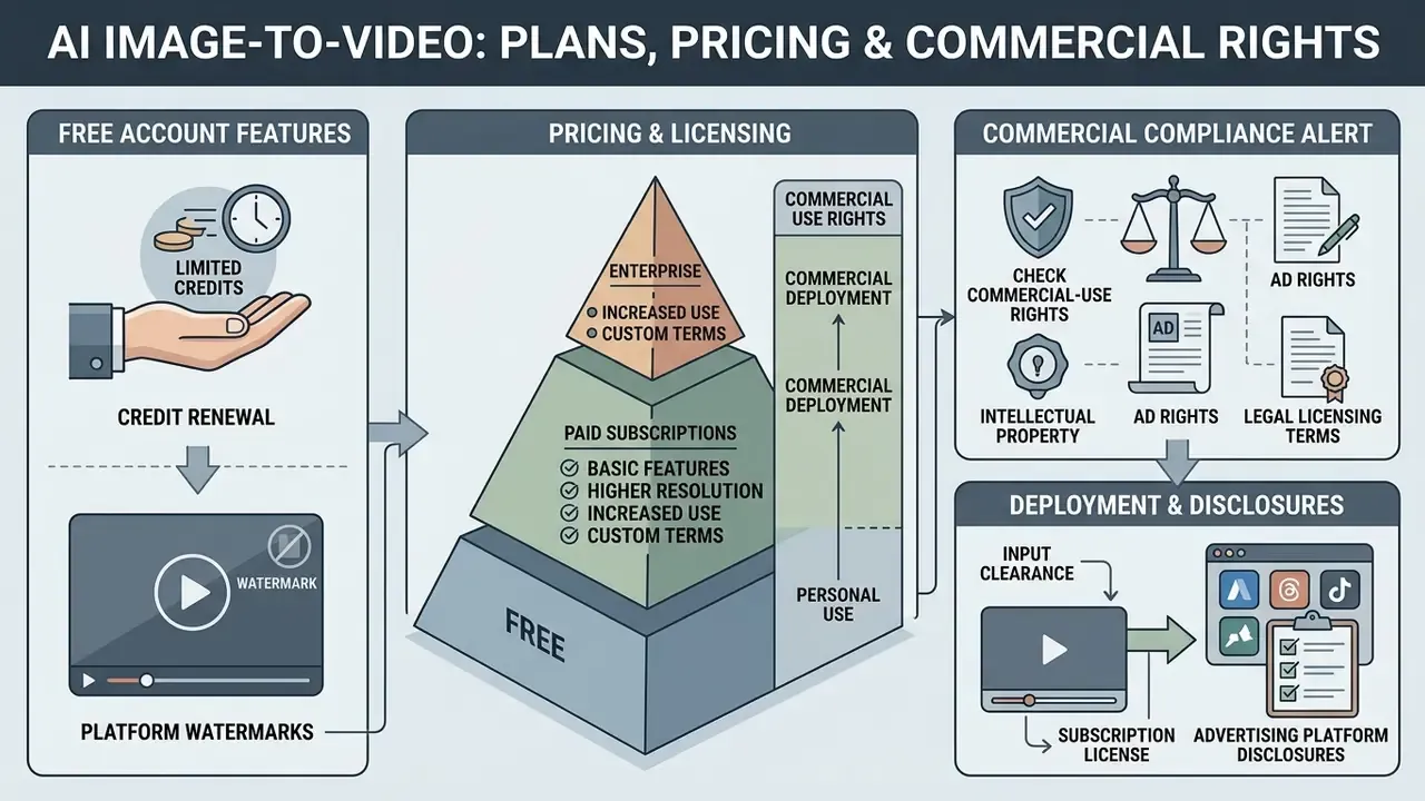 Diagram comparing free and paid AI video subscription plans, licensing rights, and commercial compliance