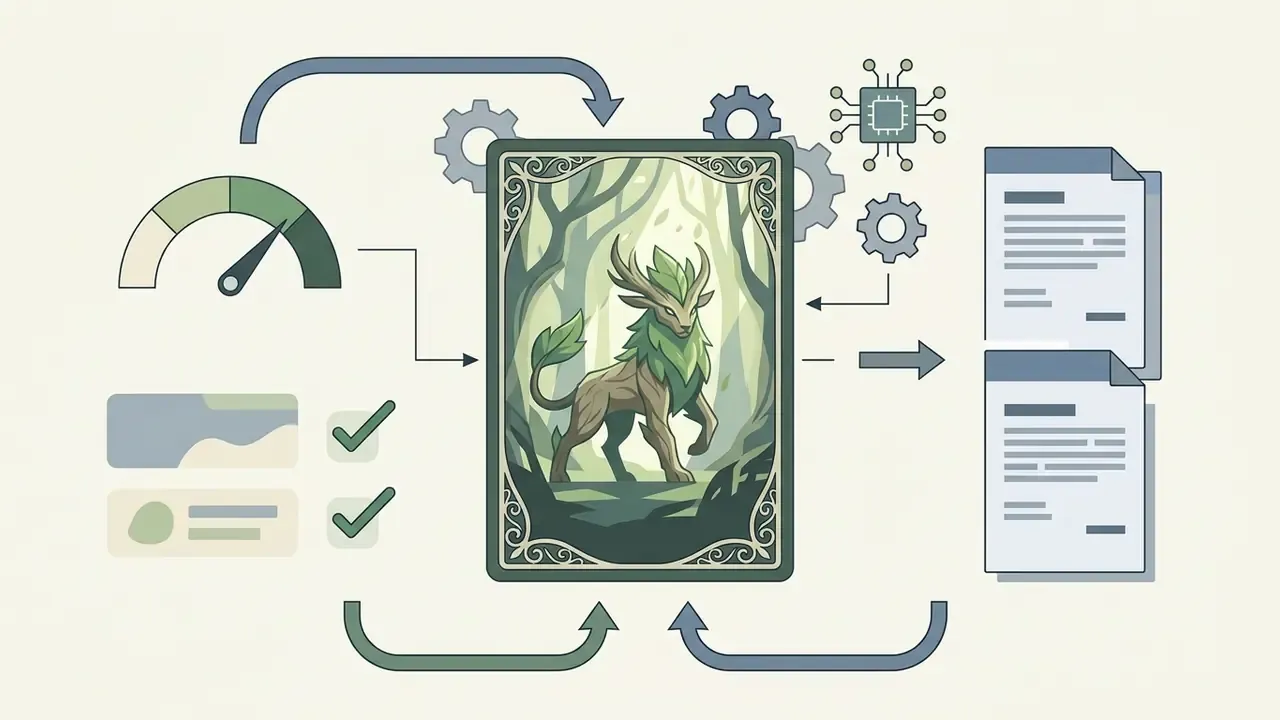 Legendary grass creature card surrounded by technical icons including a speed gauge and data documents