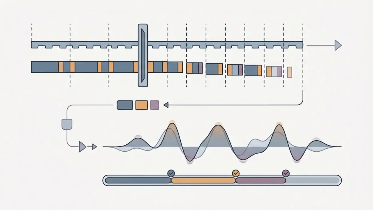 Timeline segments aligning with audio waveforms to synchronize video cuts to dynamic music beats