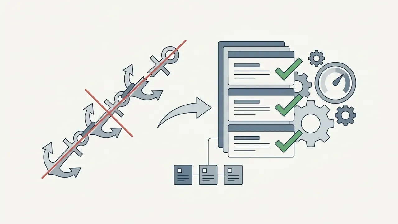 Crossed out chain of anchors transitioning into a stack of checked documents with gears and a gauge