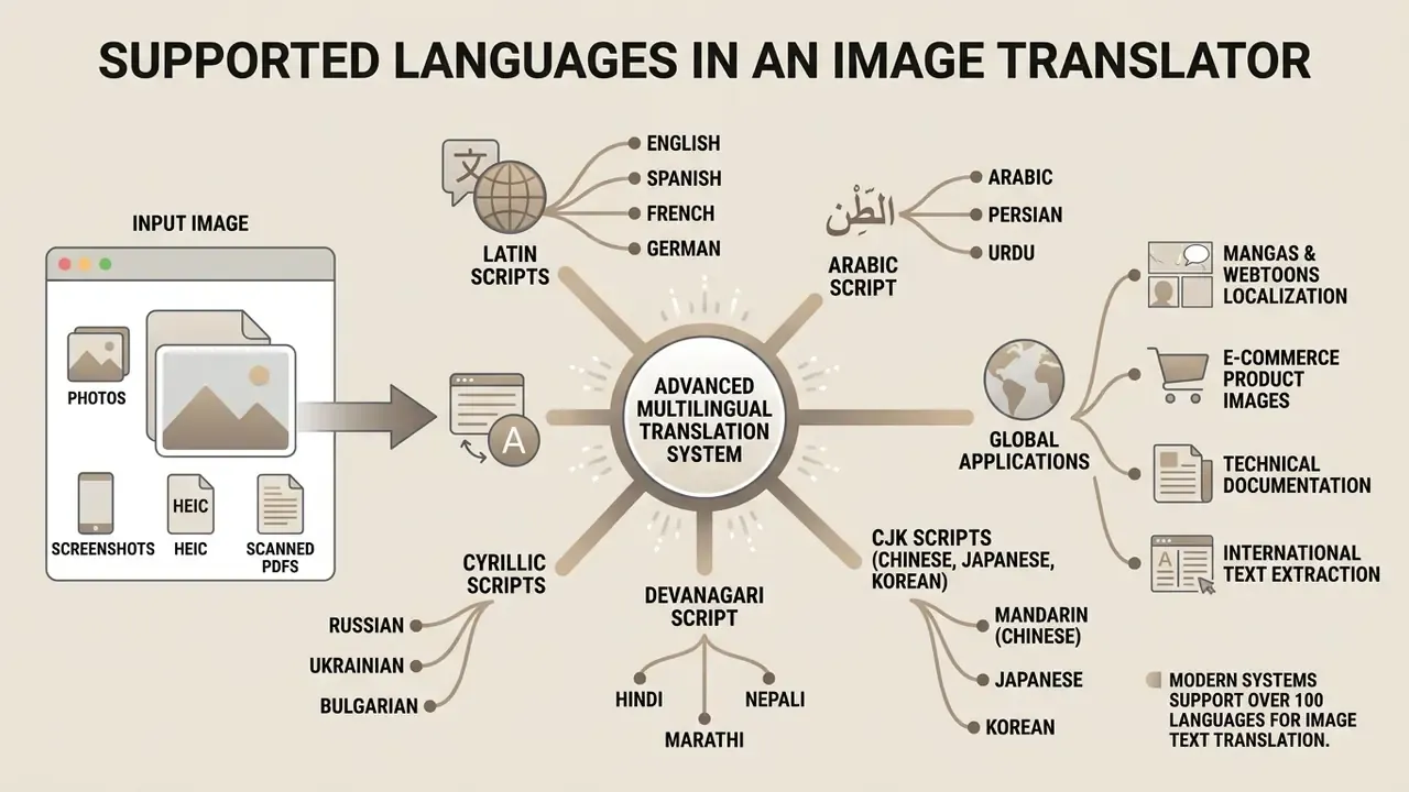Infographic mapping diverse script families and global use cases for multilingual text processing