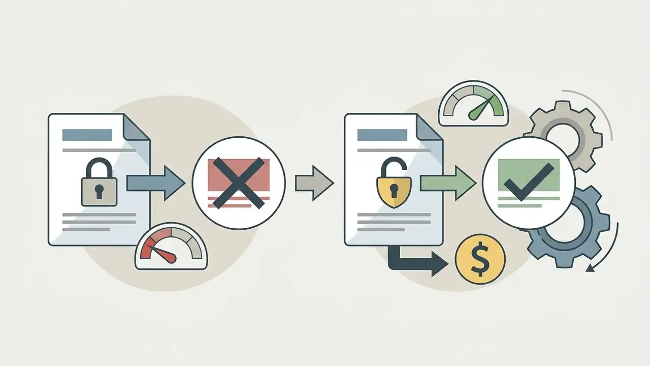 Locked and unlocked documents with gauges, gears, and currency icons representing usage rights
