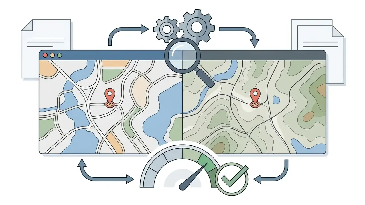 Split screen comparing two maps with a magnifying glass, gears, and a gauge indicating verification status