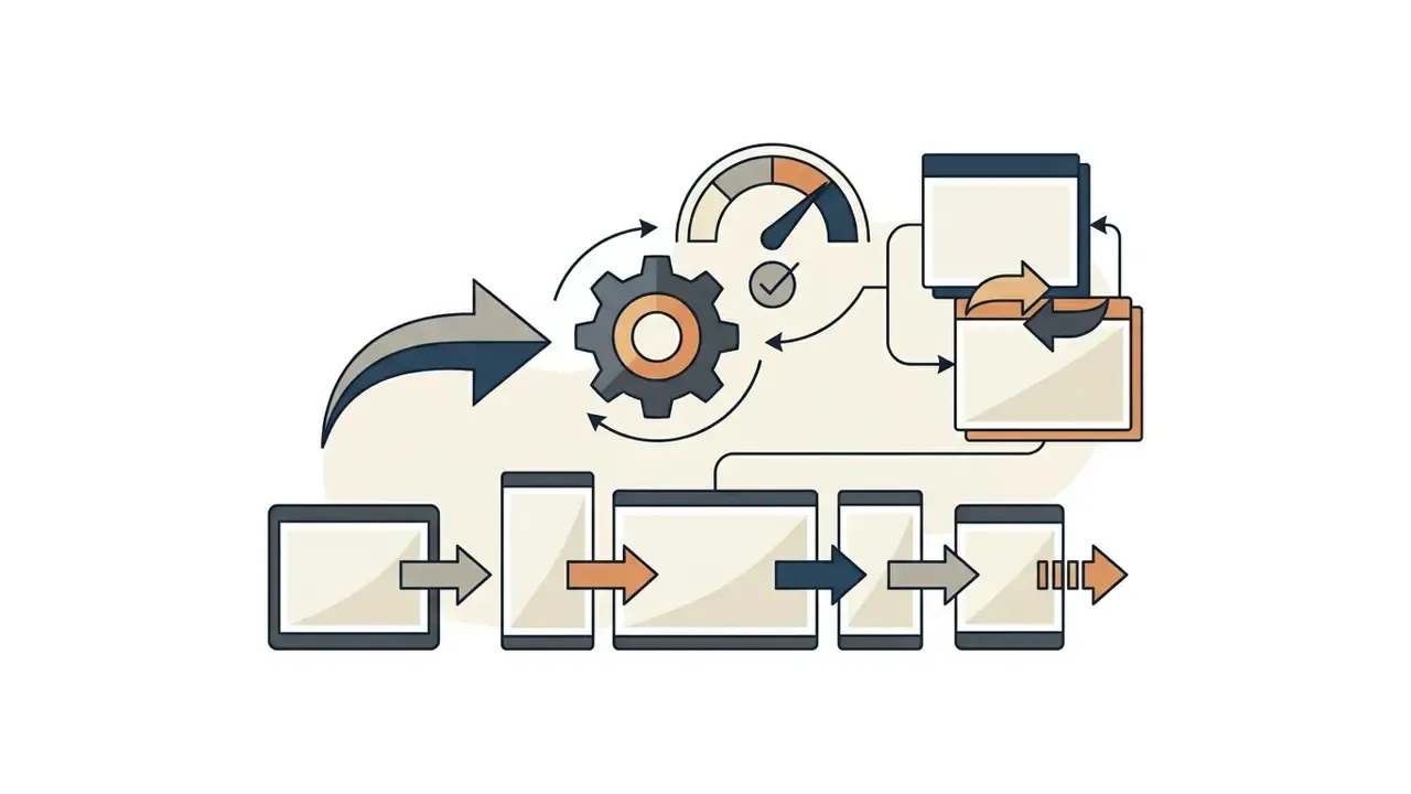 Gear and speedometer icons connected to various device screens representing automated ad optimization