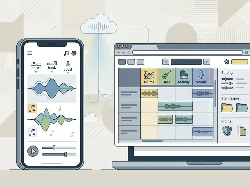 Split view showing a mobile app interface and a browser studio syncing audio data through the cloud