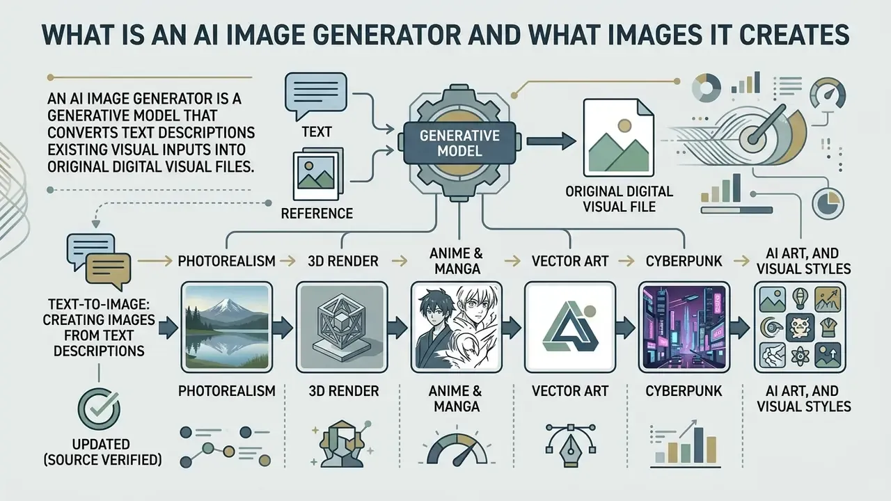 Flowchart explaining how generative models convert text or reference inputs into diverse digital art styles