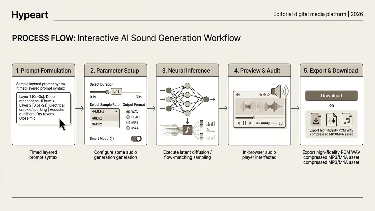 Five-step diagram showing the sequence from text prompt input to final audio file download