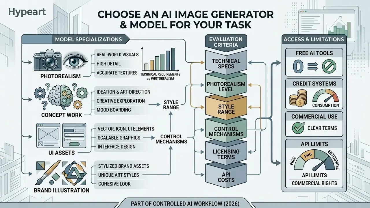 Infographic comparing AI model specializations against evaluation criteria and access limitations