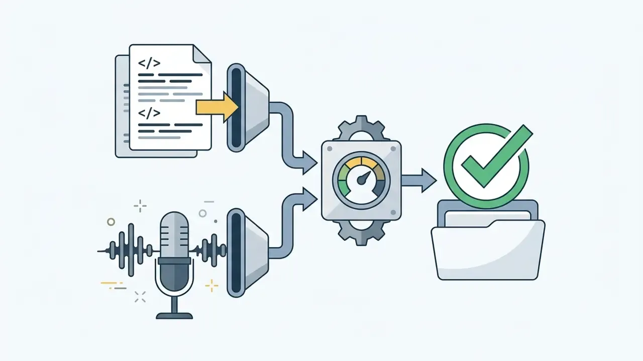 Lyrics and vocal audio files feeding into a central processing gauge for final validation and storage