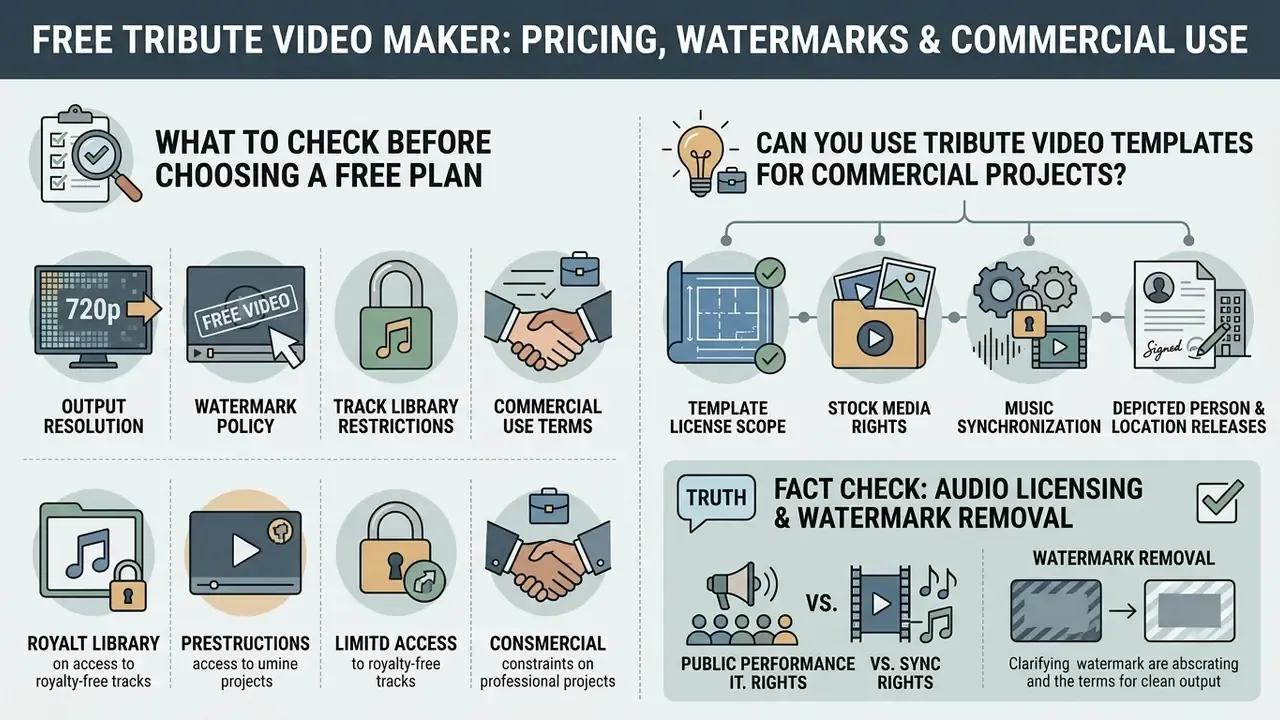 Diagram detailing considerations for free video plans including licensing, watermarks and usage rights