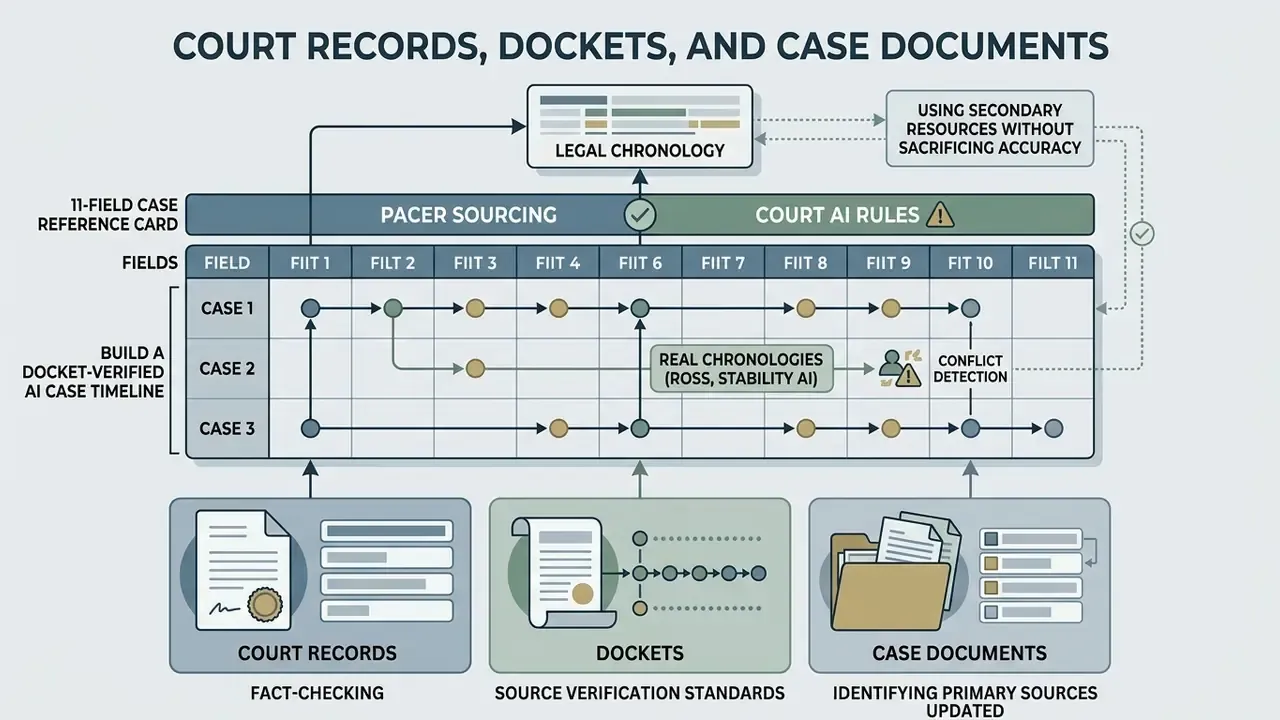 Diagram showing how court records and dockets feed into an AI case timeline with conflict detection