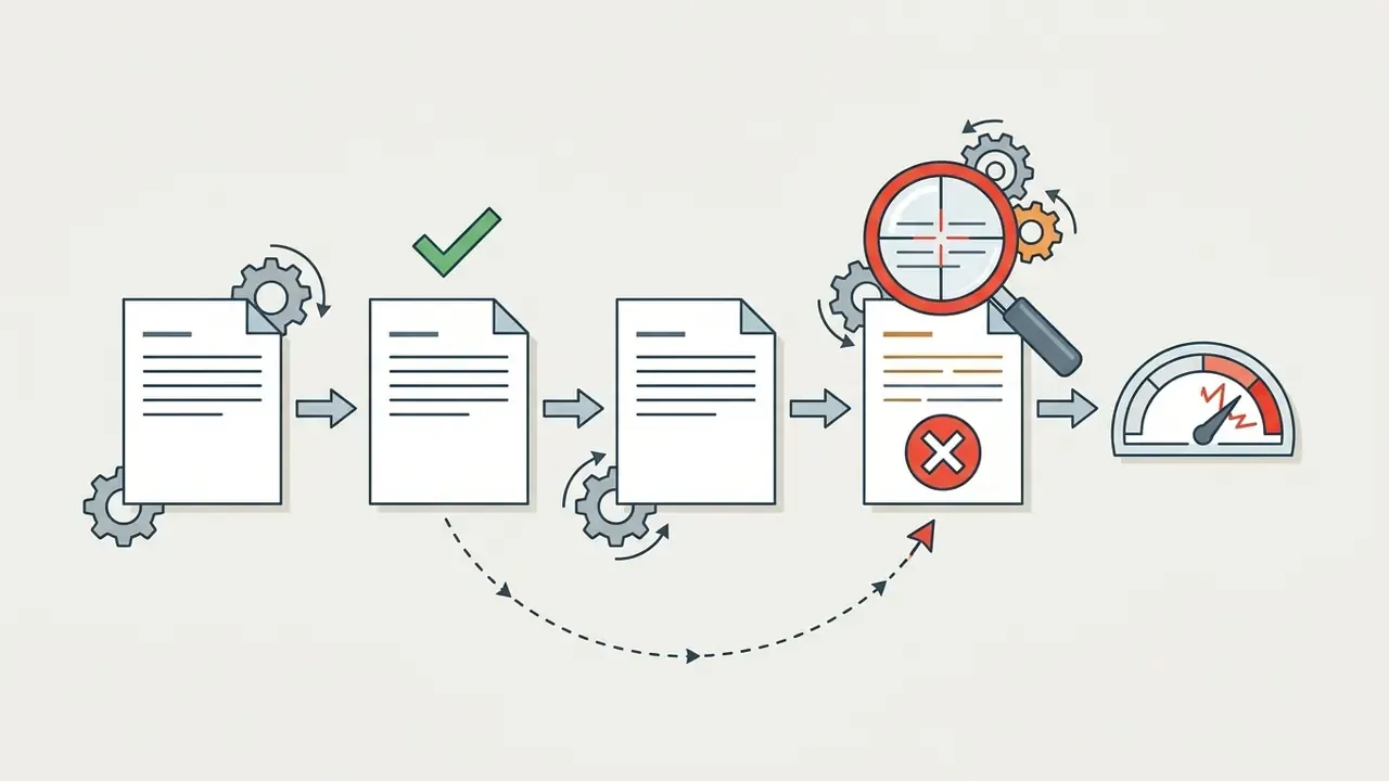 Documents moving through a gear processor to a magnifying glass and a gauge indicating an error
