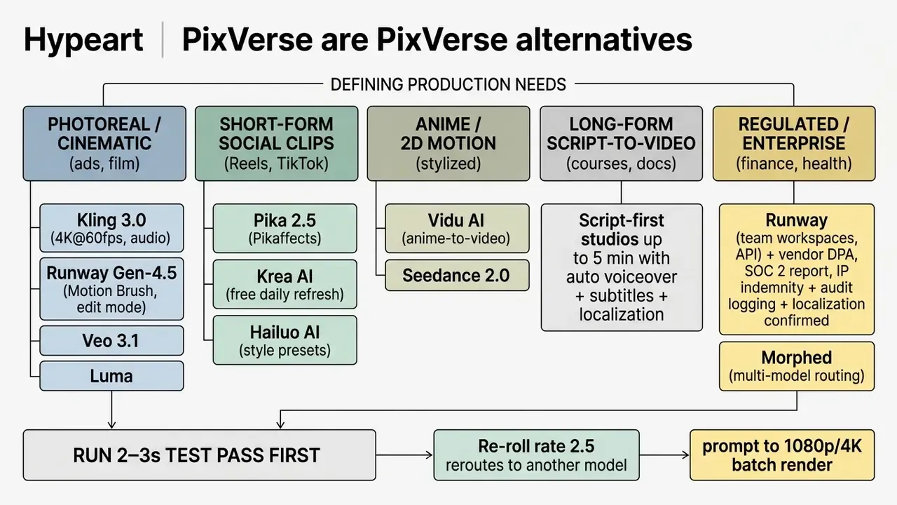 Decision tree matching specific production requirements to various AI video generator tools